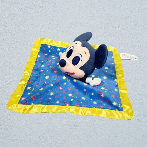 Disney Mickey Mouse Baby Lovey Plush Rattle Toy Security Blanket Blue Yellow - Picture 2 of 11